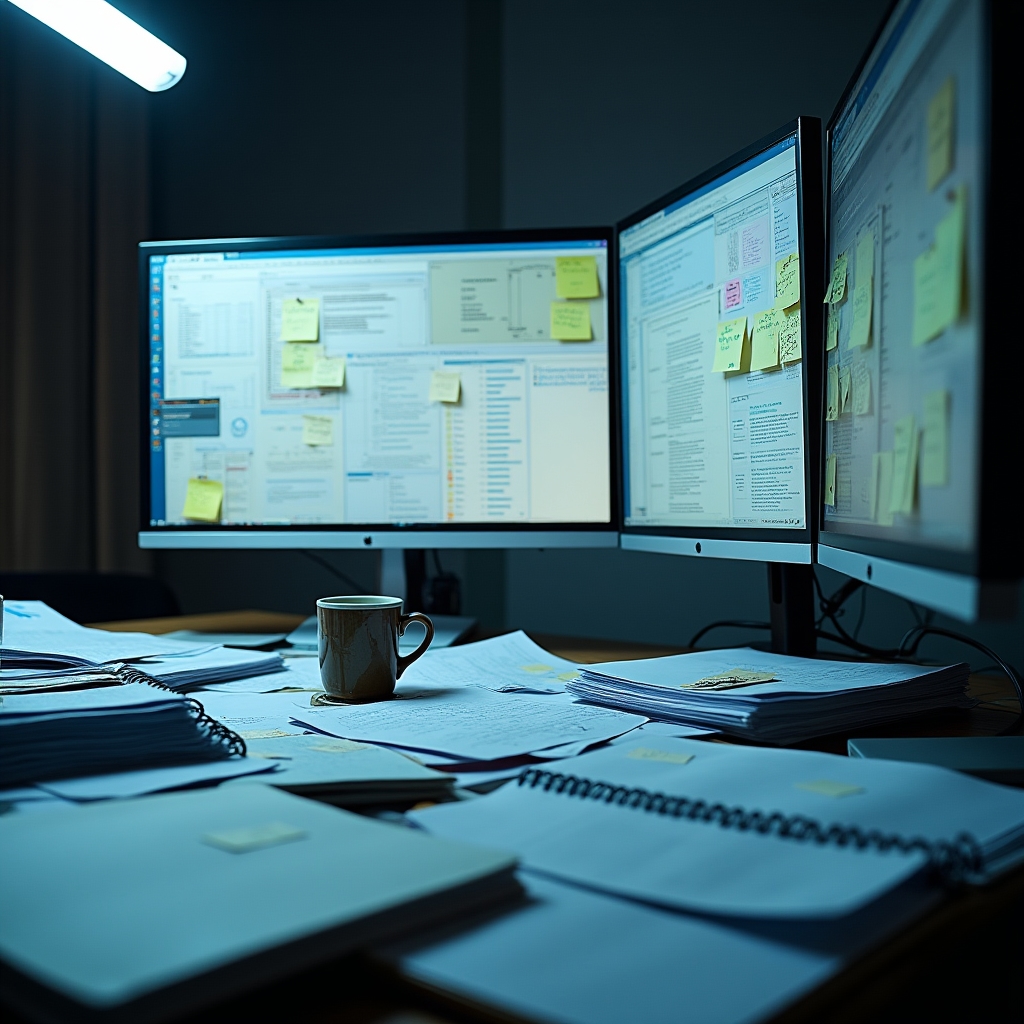Overwhelmed professional at a desk covered with papers, reports and multiple open browser tabs