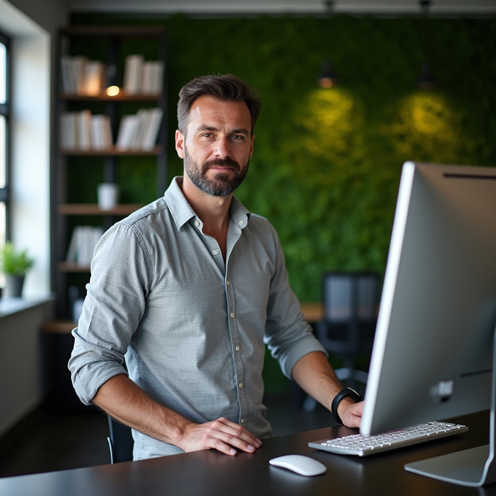 Course designer working on curriculum at a standing desk