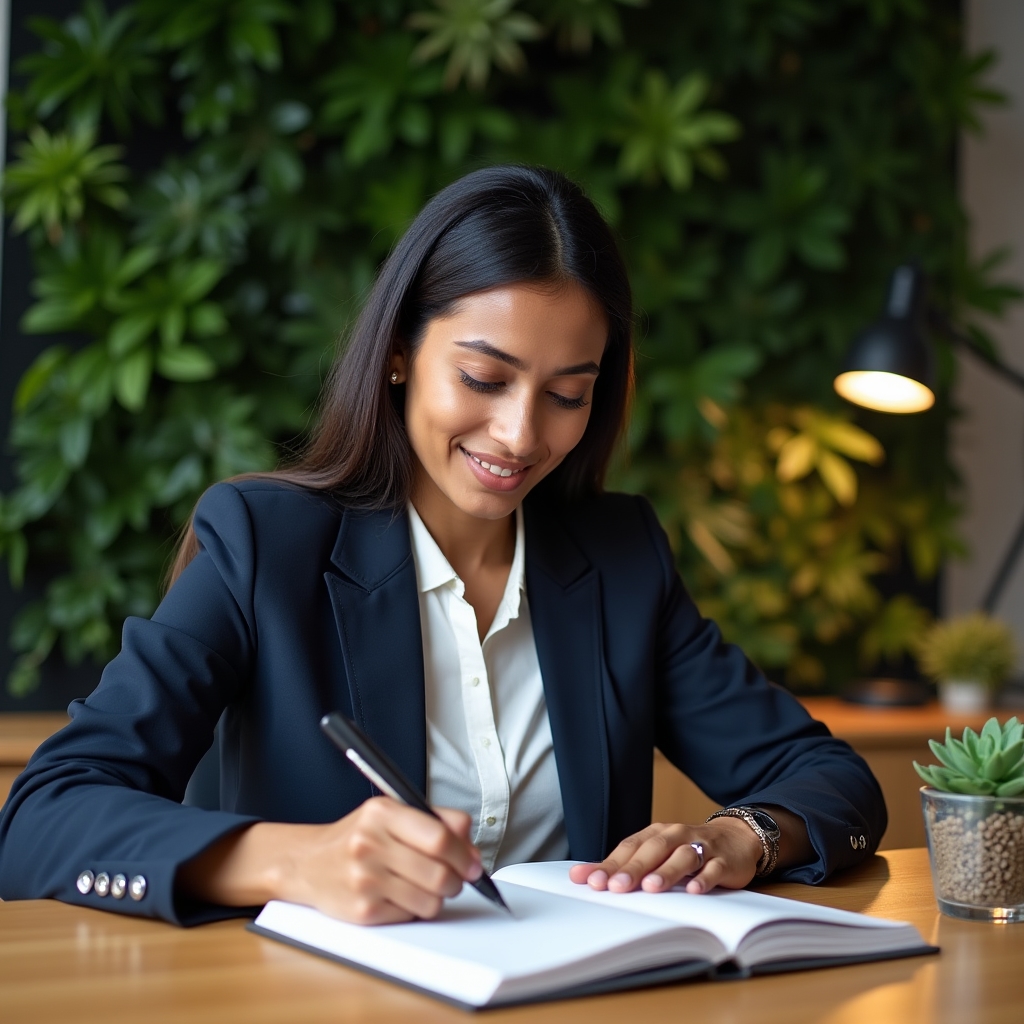 Professional reviewing handwritten notes at a clean desk
